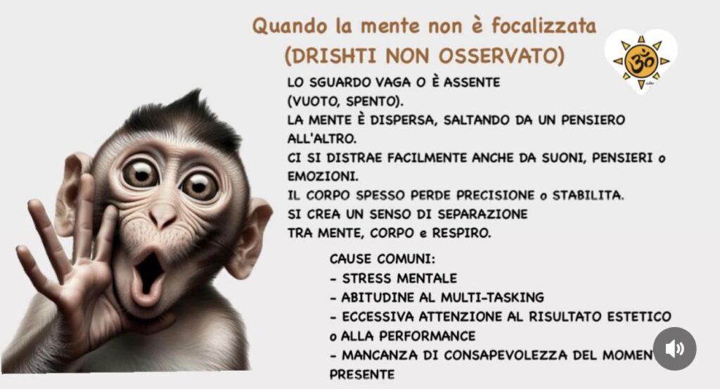 Praticante di yoga con sguardo assente e postura instabile: effetto della mente distratta nella pratica.
